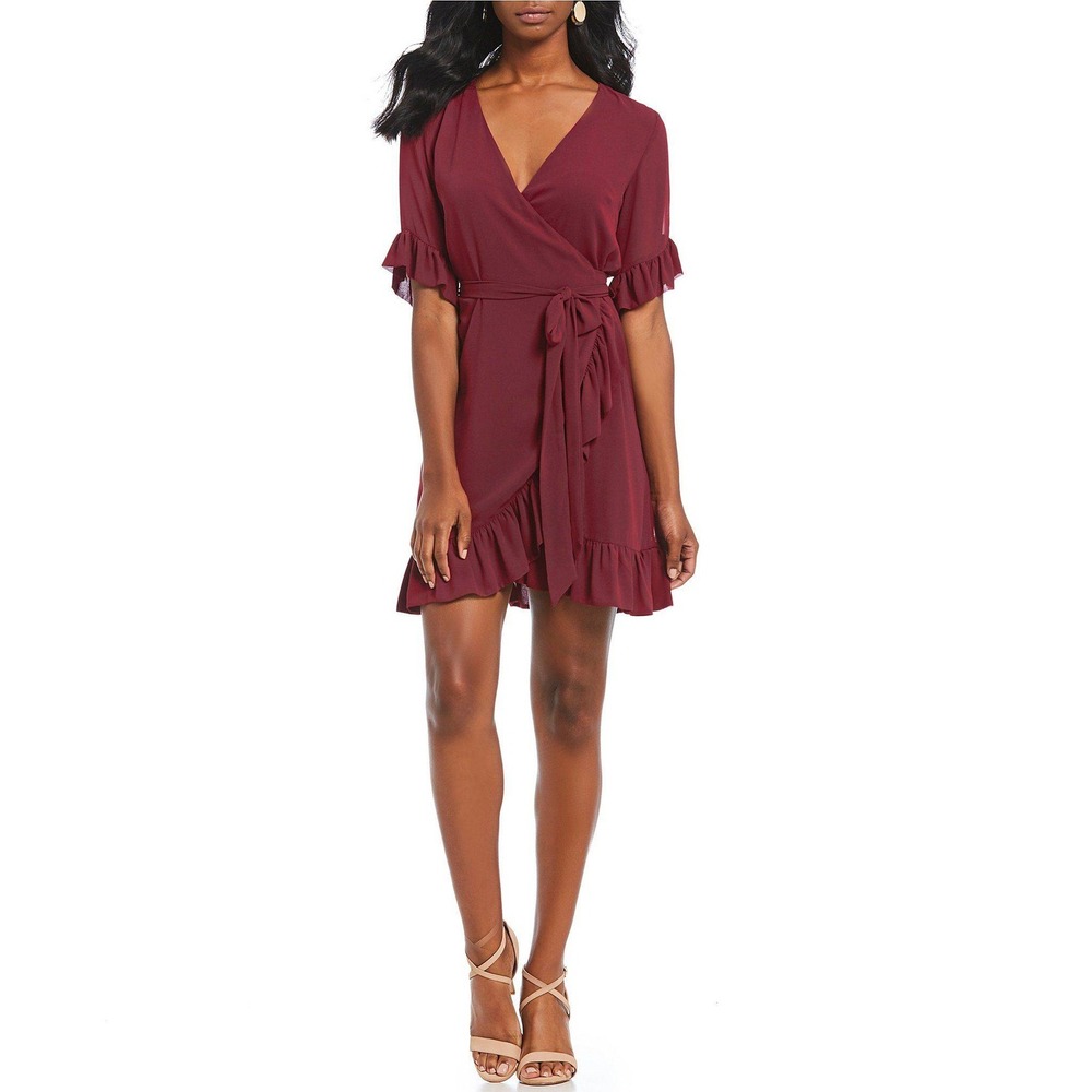 Gianni Bini Morgan Wrap Dress Ruffle Sleeve Tie Waist Burgundy Size‎ L